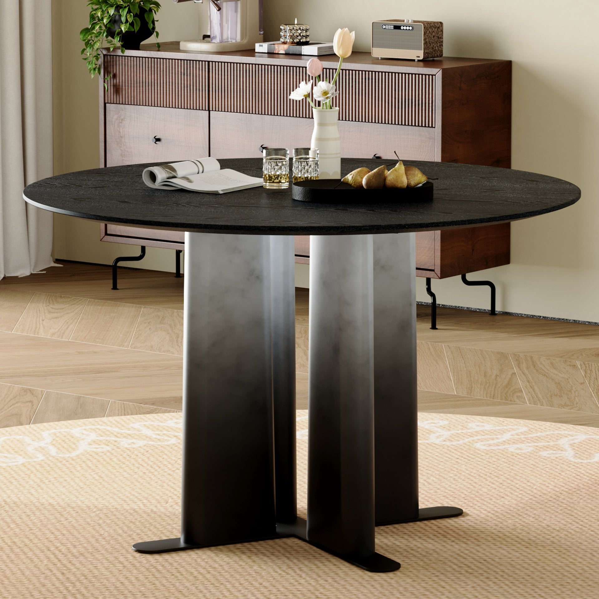 Round Black Wood Grain MDF Dining Table, Black & White Gradient Legs with Cross Base, Compact 2-4 Person Kitchen Table for Small Spaces Modern Dining Room Furniture