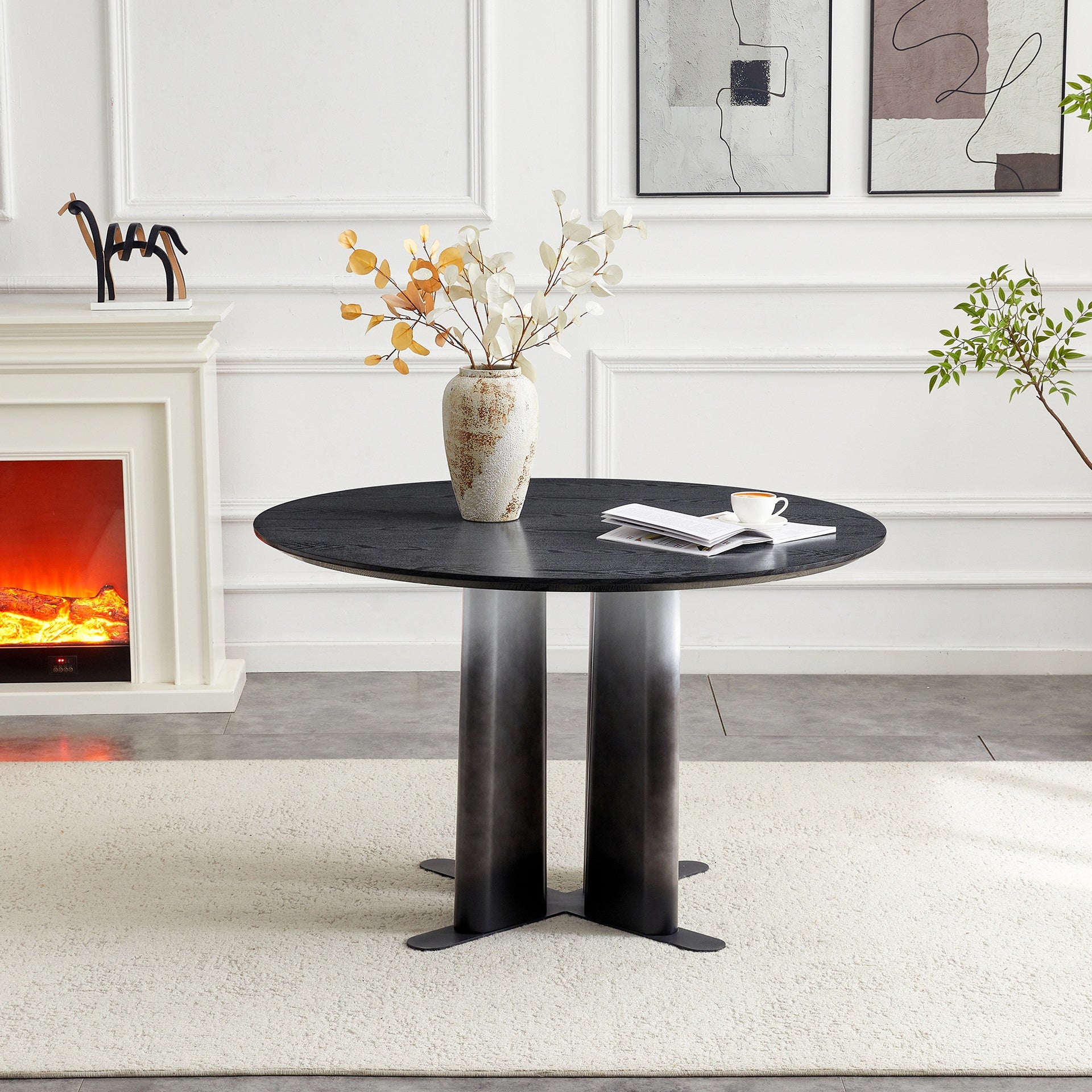 Round Black Wood Grain MDF Dining Table, Black & White Gradient Legs with Cross Base, Compact 2-4 Person Kitchen Table for Small Spaces Modern Dining Room Furniture