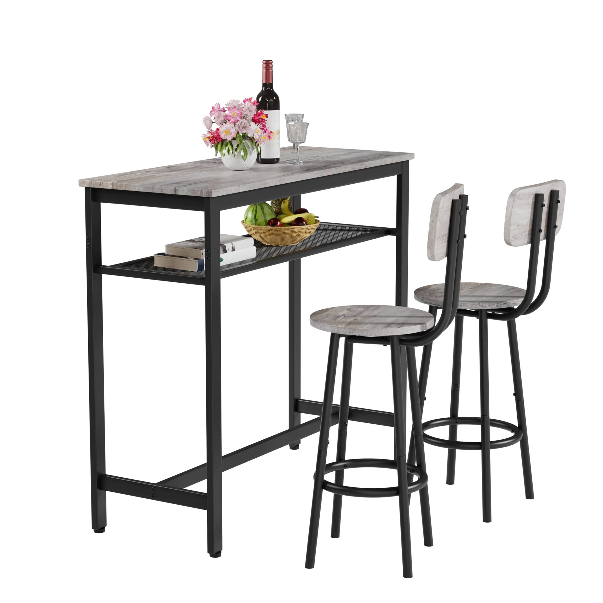 Bar Table and Chairs Set, Square Table With 2 Stools, Dining Pub Set for 2, Space Saving for Kitchen Breakfast, Living Room, Party Room, Grey