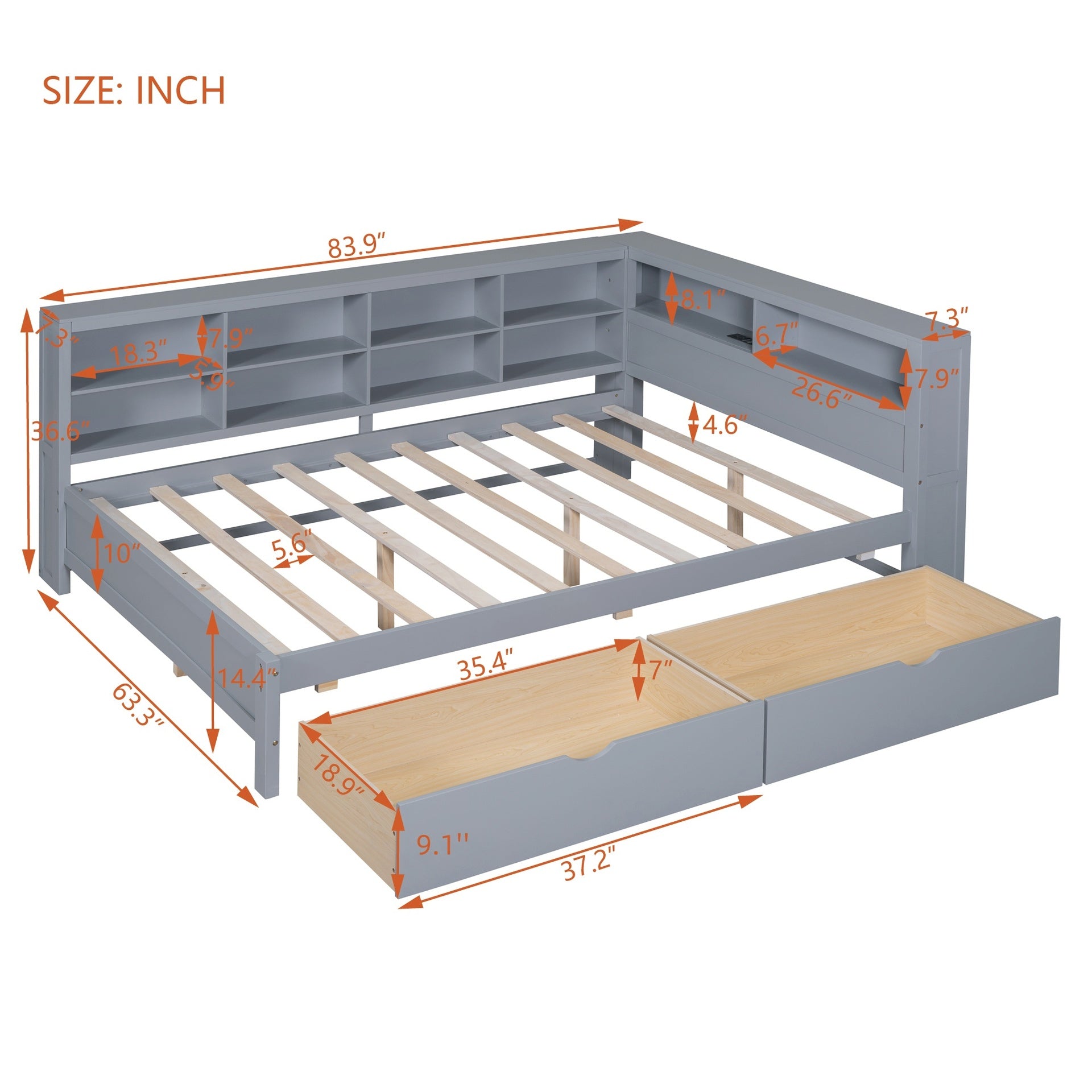 Wooden Full Size DayBed with 2 Drawers, DayBed with Storage Shelf and USB Charging Ports,Grey