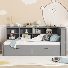 Wooden Twin Size DayBed with 2 Drawers, DayBed with Storage Shelf and USB Charging Ports,Grey