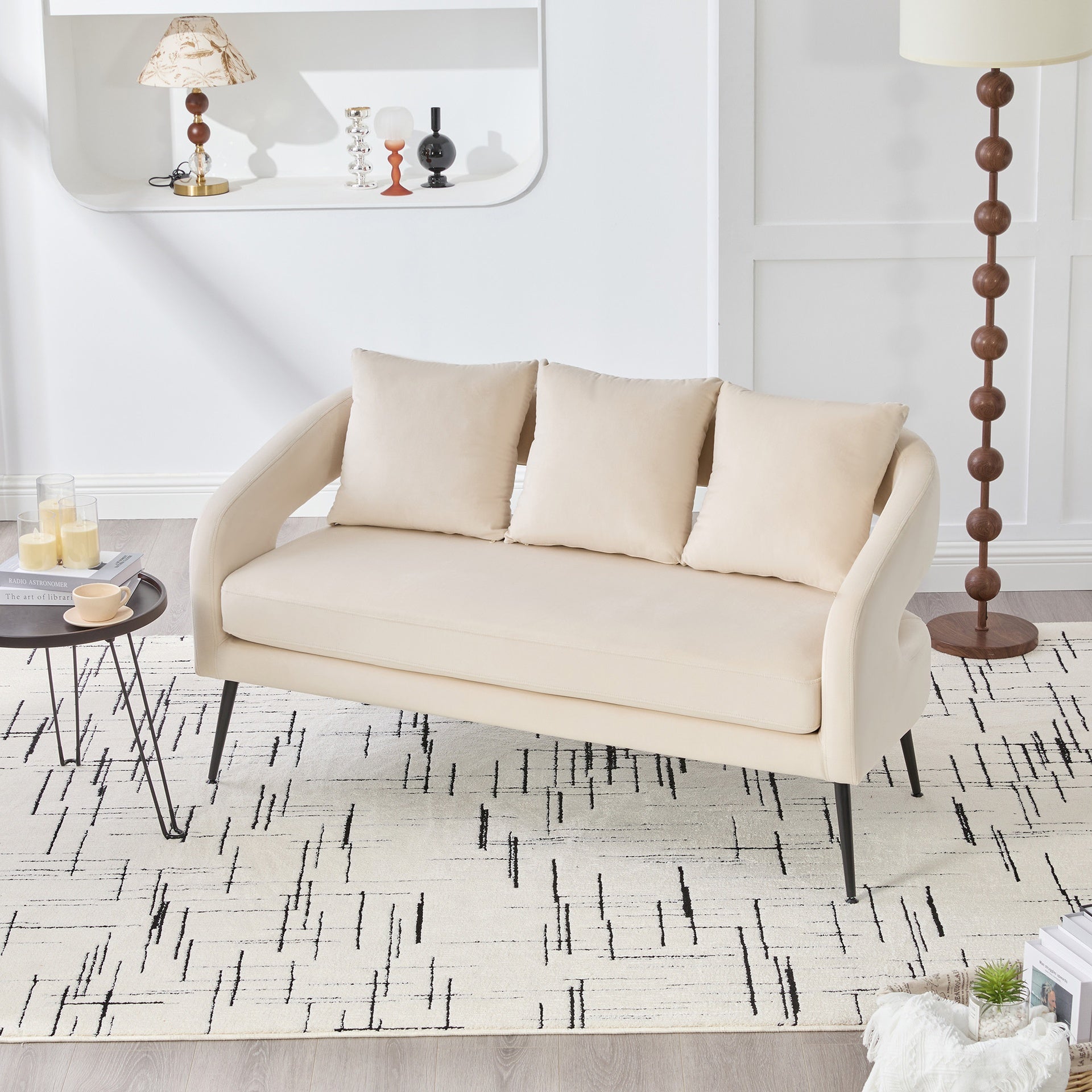 53.7"Modern Upholstered Velvet Open Back Loveseat Settee with 3 Pillows, Small Comfy Sofa 2-Seater Mini Sofa for Small Space with Metal Legs, Living Room Bedroom Office Dorm Studio Apartment, Beige