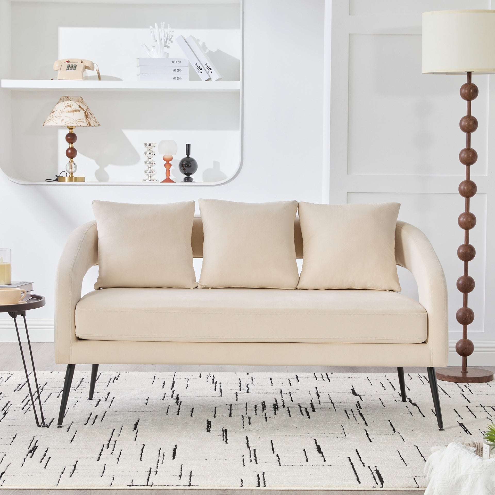 53.7"Modern Upholstered Velvet Open Back Loveseat Settee with 3 Pillows, Small Comfy Sofa 2-Seater Mini Sofa for Small Space with Metal Legs, Living Room Bedroom Office Dorm Studio Apartment, Beige