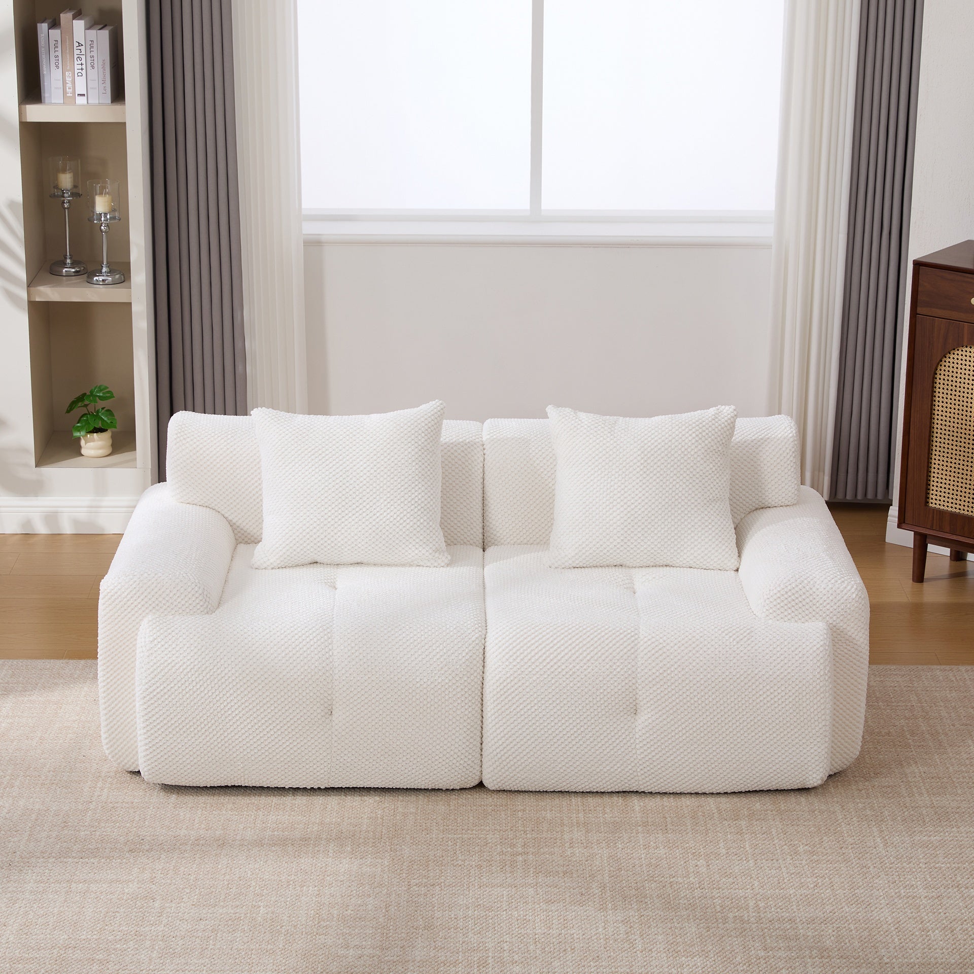73" Modern Modular Sectional Sofa Loveseat, 2 Seater Tufted Comfy Cloud Tufted Floor Convertible Couch with 2 Pillows, Boneless Conversion Sofa for Living Room,Office, Apartment,Guestroom, Ivory