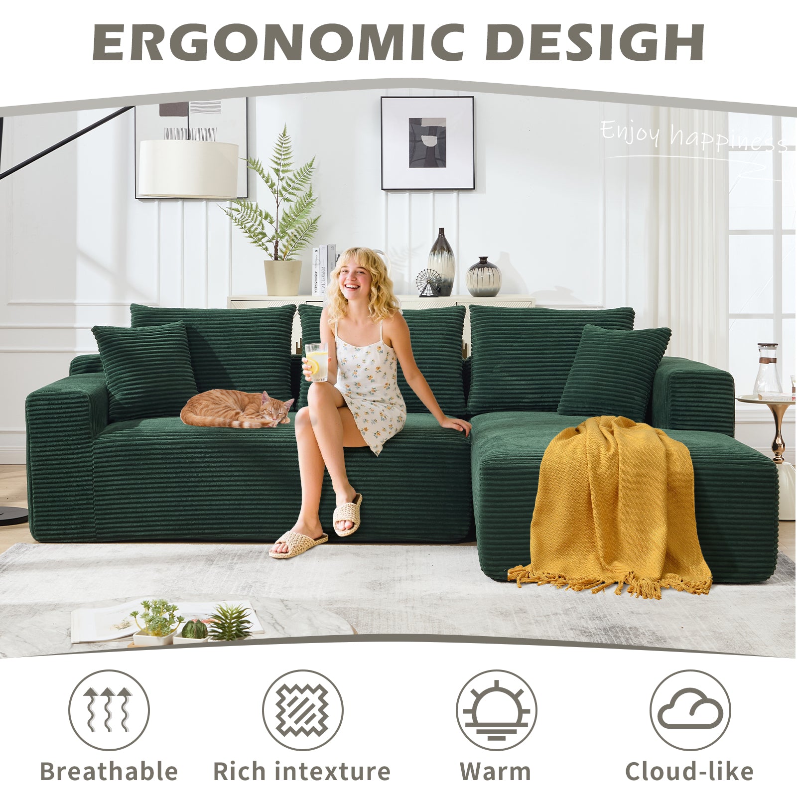 Modular Sectional Sofa Couches L-Shape Couch 2Seat Modular Sofa Memory Foam Sectional Couches for Living Room, Cloud Couch with Oversized Chaise (Green, Stripe (Right Facing Chaise))
