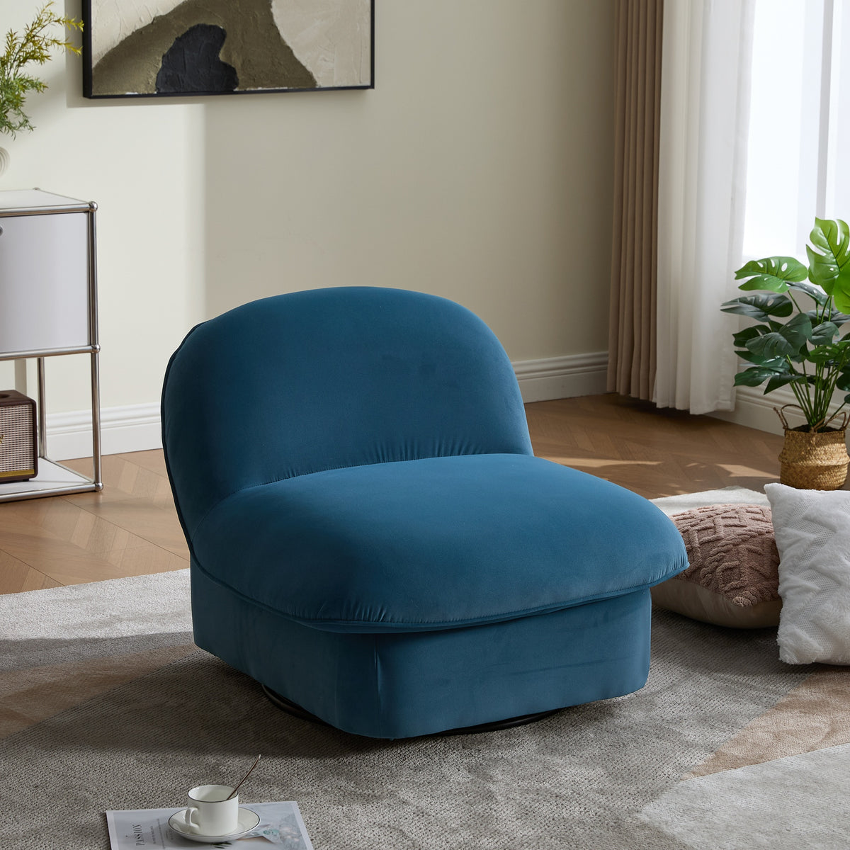 Swivel Accent Chair, 360-degree Metal Base with Velvet Fabric Upholstery, Comfy Pumpkin-Shaped Swivel Chair for Living Room, Bedroom, or Office