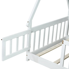 Twin Tent-shaped Floor Bed,Teepee Bed with Guardrails,Slats and Door,White