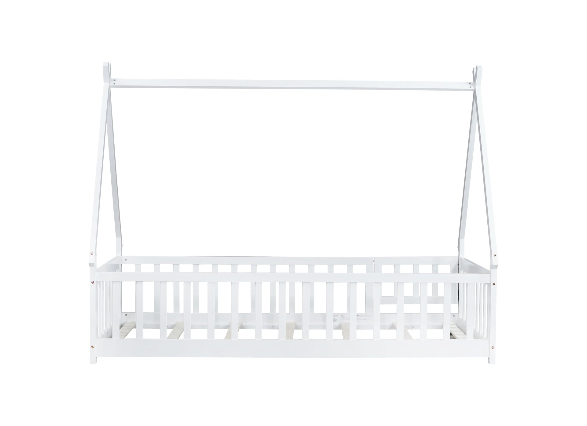 Twin Tent-shaped Floor Bed,Teepee Bed with Guardrails,Slats and Door,White