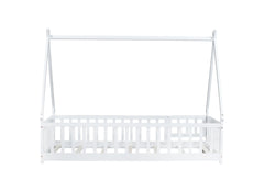 Twin Tent-shaped Floor Bed,Teepee Bed with Guardrails,Slats and Door,White