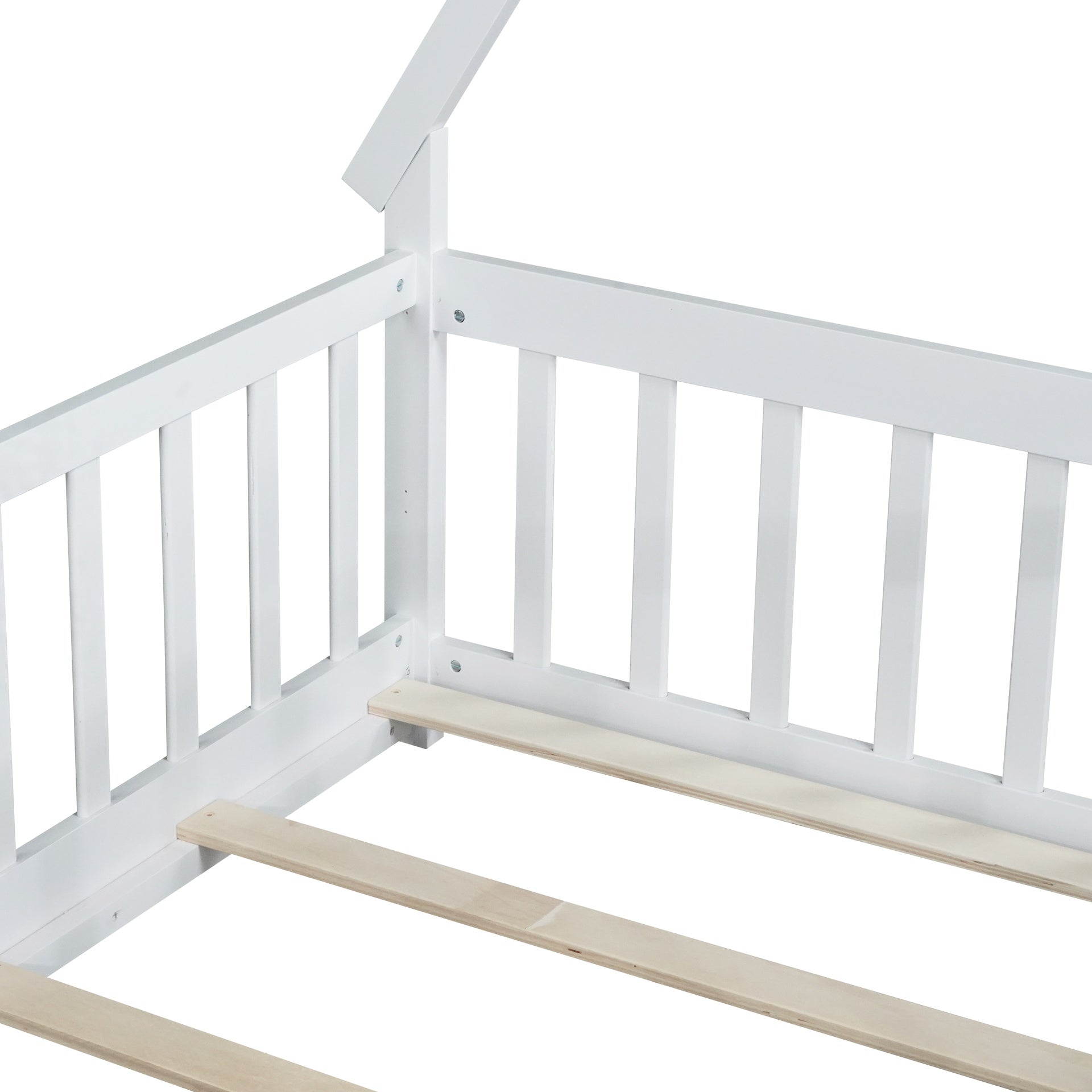 Twin Tent-shaped Floor Bed,Teepee Bed with Guardrails,Slats and Door,White