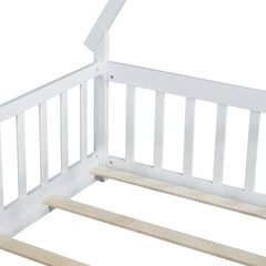 Twin Tent-shaped Floor Bed,Teepee Bed with Guardrails,Slats and Door,White