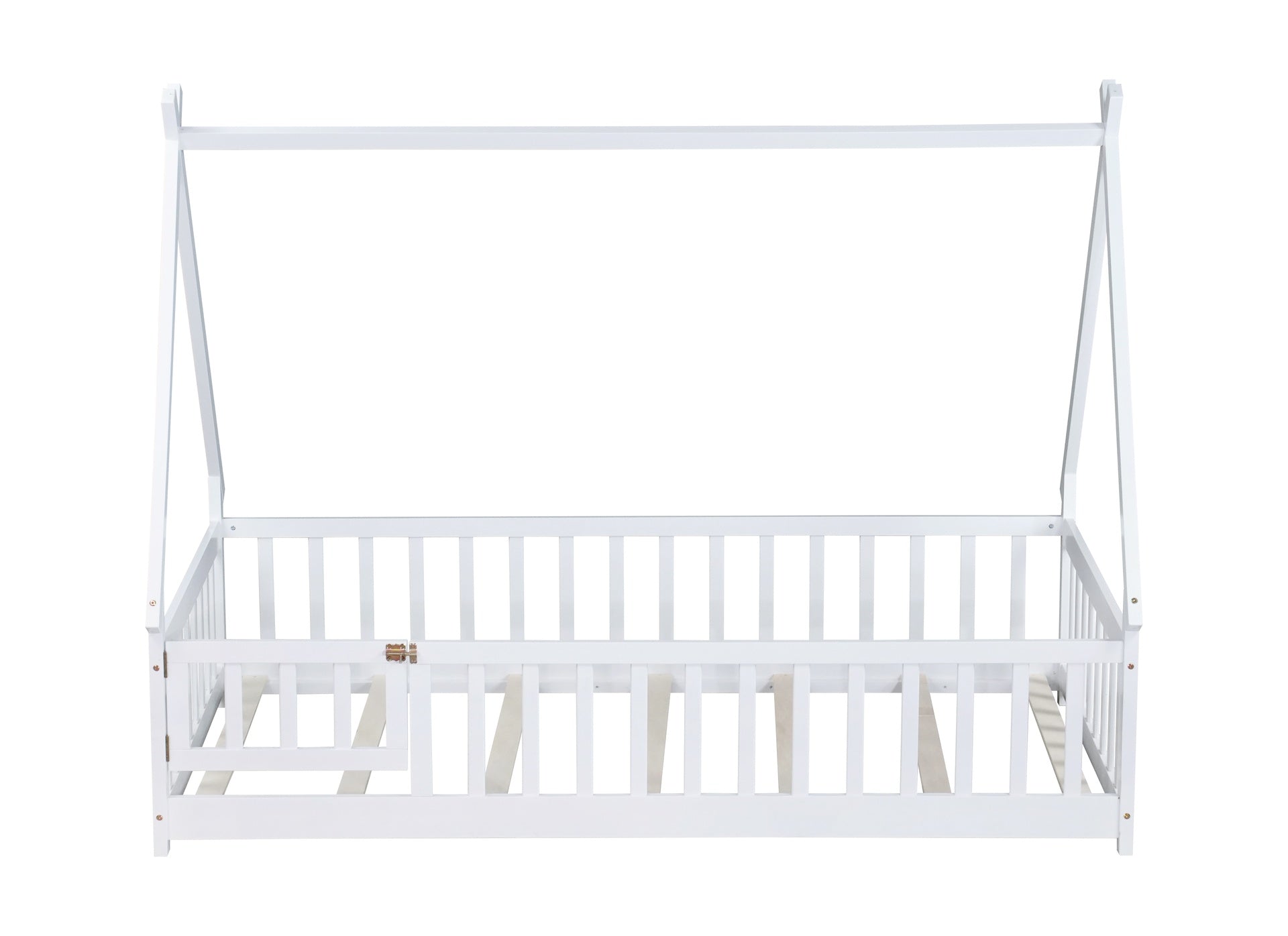 Twin Tent-shaped Floor Bed,Teepee Bed with Guardrails,Slats and Door,White