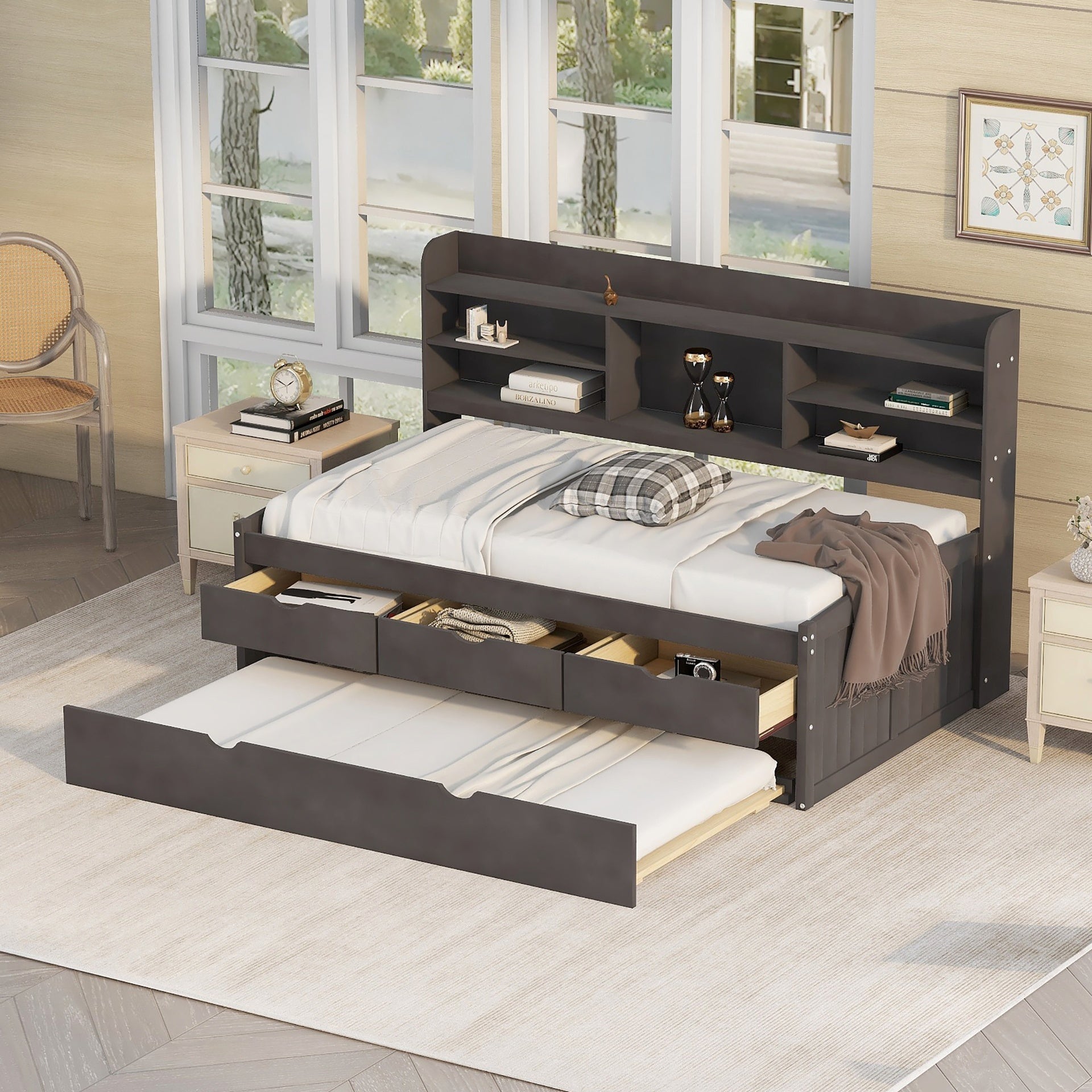Twin Size Wooden Captain Bed with Built-in Bookshelves,Three Storage Drawers and Trundle,Antique Brown