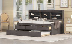 Twin Size Wooden Captain Bed with Built-in Bookshelves,Three Storage Drawers and Trundle,Antique Brown