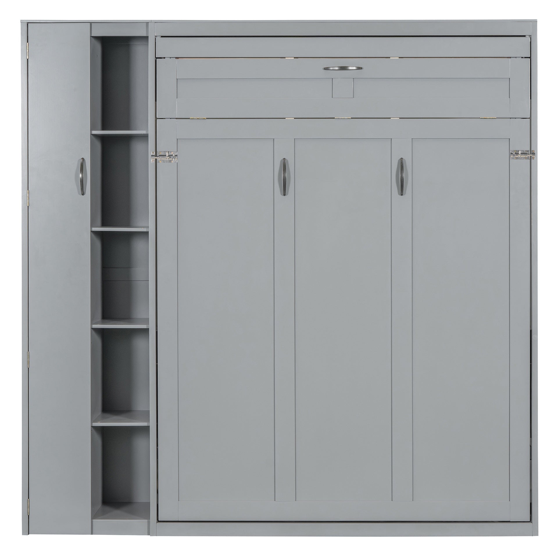 Full Size Murphy Bed Wall Bed with Shelves, Wardrobe and LED Lights,Gray