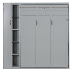 Full Size Murphy Bed Wall Bed with Shelves, Wardrobe and LED Lights,Gray