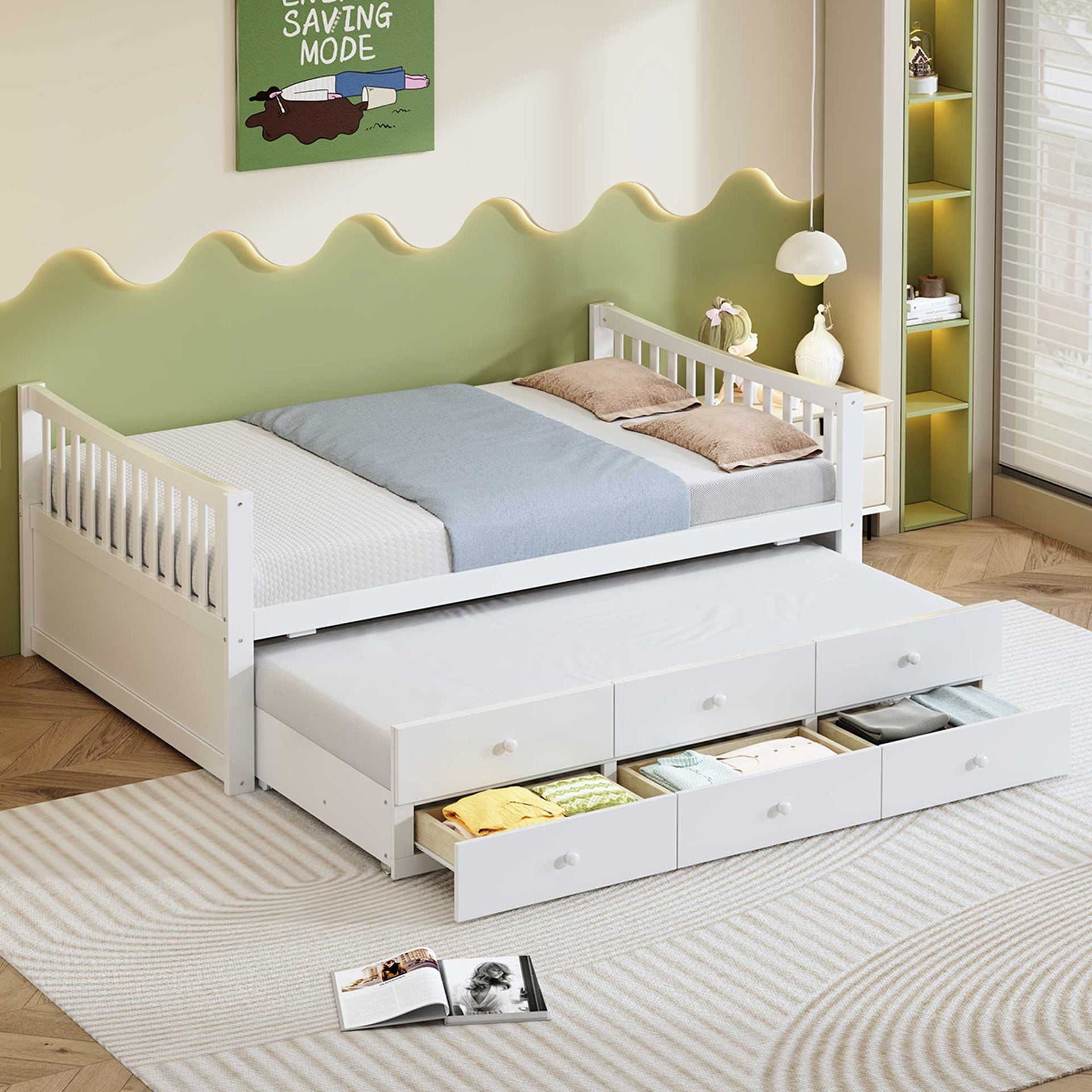 Full size Daybed with Twin size Trundle and Drawers, Full Size, White
