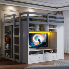 Full size Loft Bed with Drawers, Shelves and Light - White
