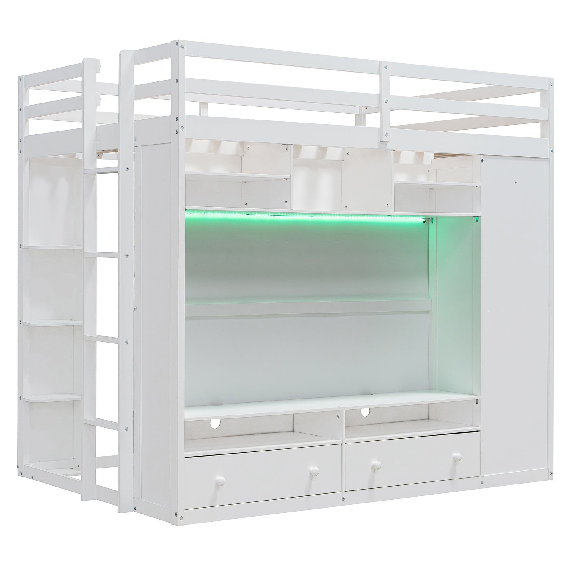 Full size Loft Bed with Drawers, Shelves and Light - White