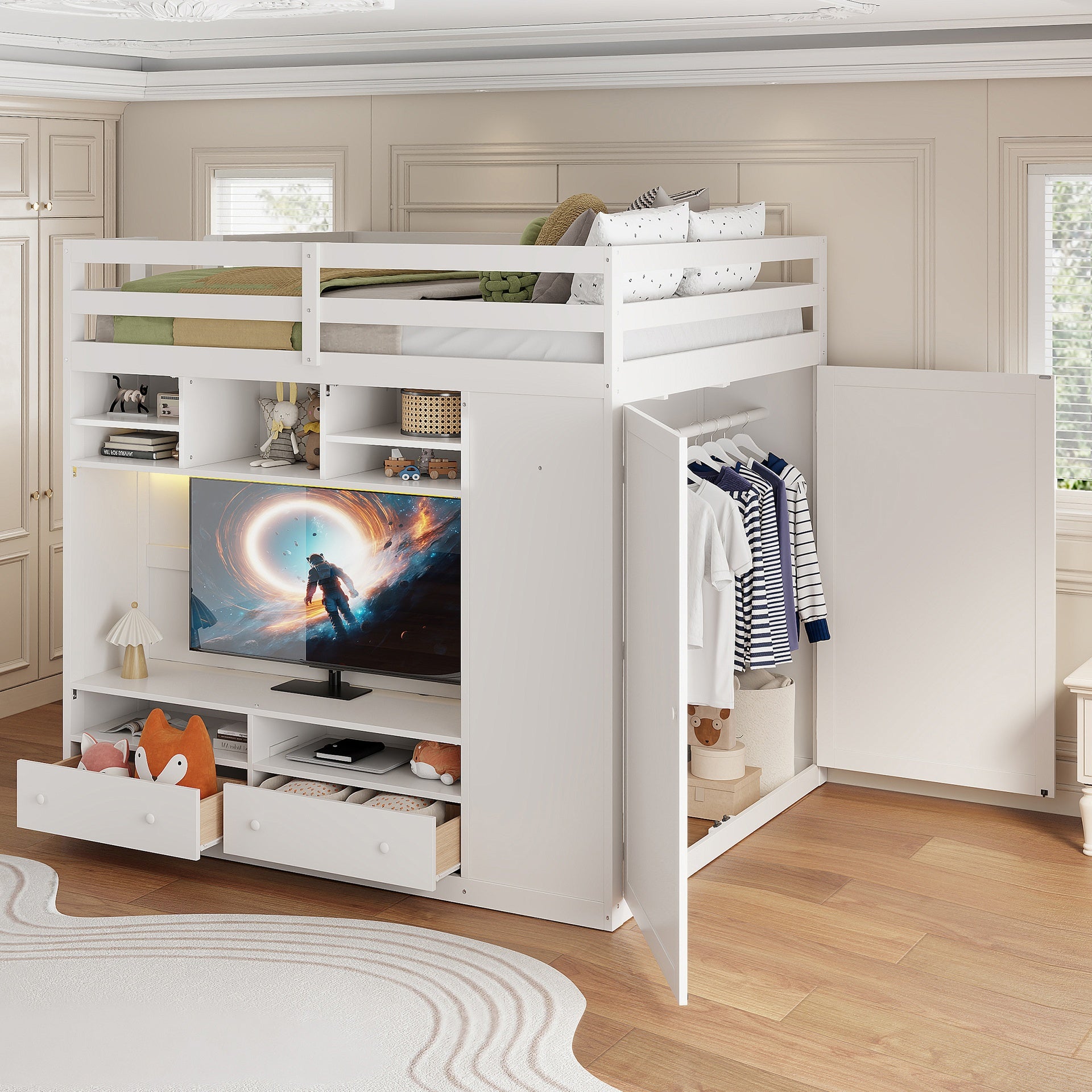 Full size Loft Bed with Drawers, Shelves and Light - White