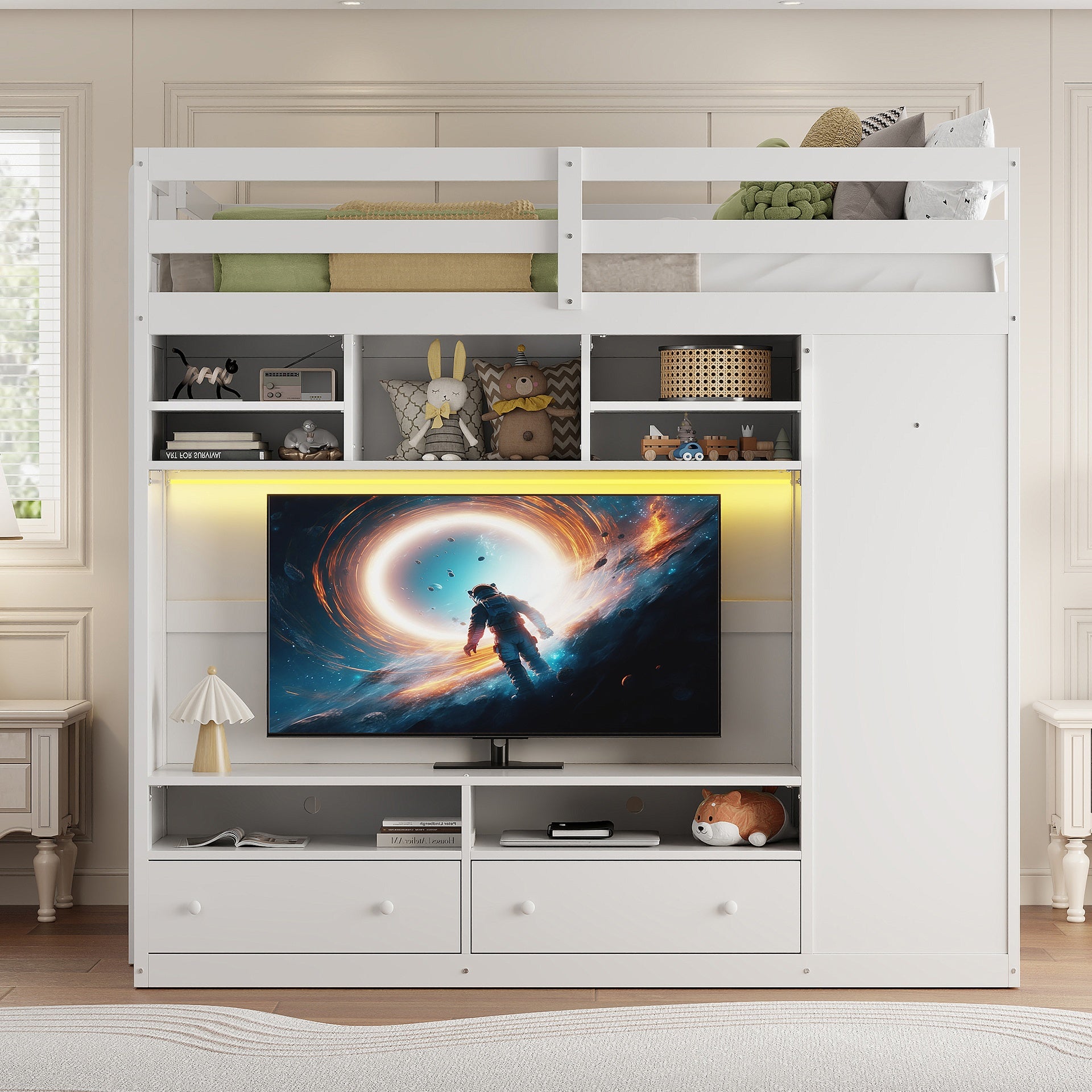 Full size Loft Bed with Drawers, Shelves and Light - White