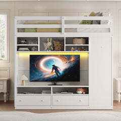 Full size Loft Bed with Drawers, Shelves and Light - White