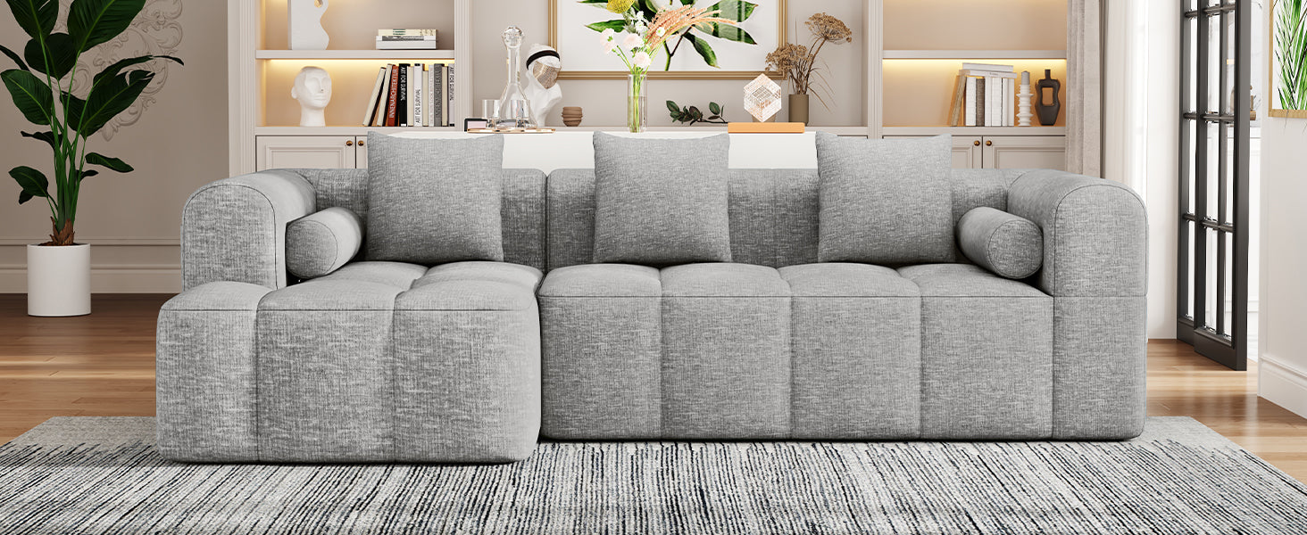 101.2"  Sectional Sofa Full-Compressed Sofa Modular Sofa Couch Free-combined Sofa with Deep Seating and Two Side Pockets for Living Room, Light Grey