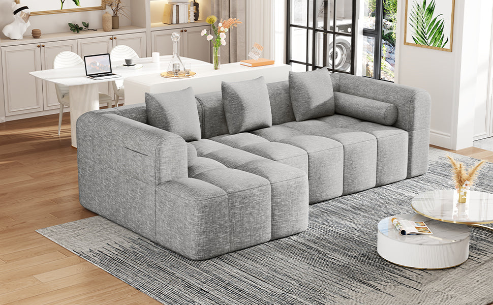 101.2"  Sectional Sofa Full-Compressed Sofa Modular Sofa Couch Free-combined Sofa with Deep Seating and Two Side Pockets for Living Room, Light Grey