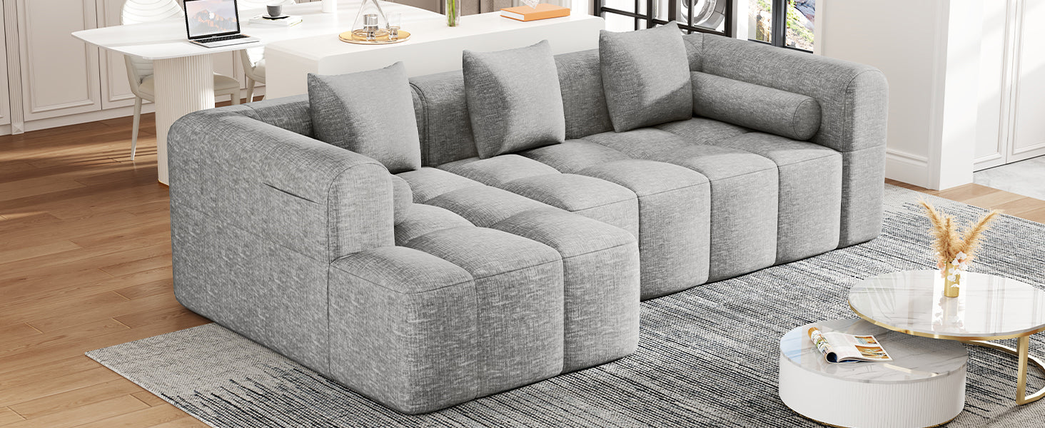 101.2"  Sectional Sofa Full-Compressed Sofa Modular Sofa Couch Free-combined Sofa with Deep Seating and Two Side Pockets for Living Room, Light Grey