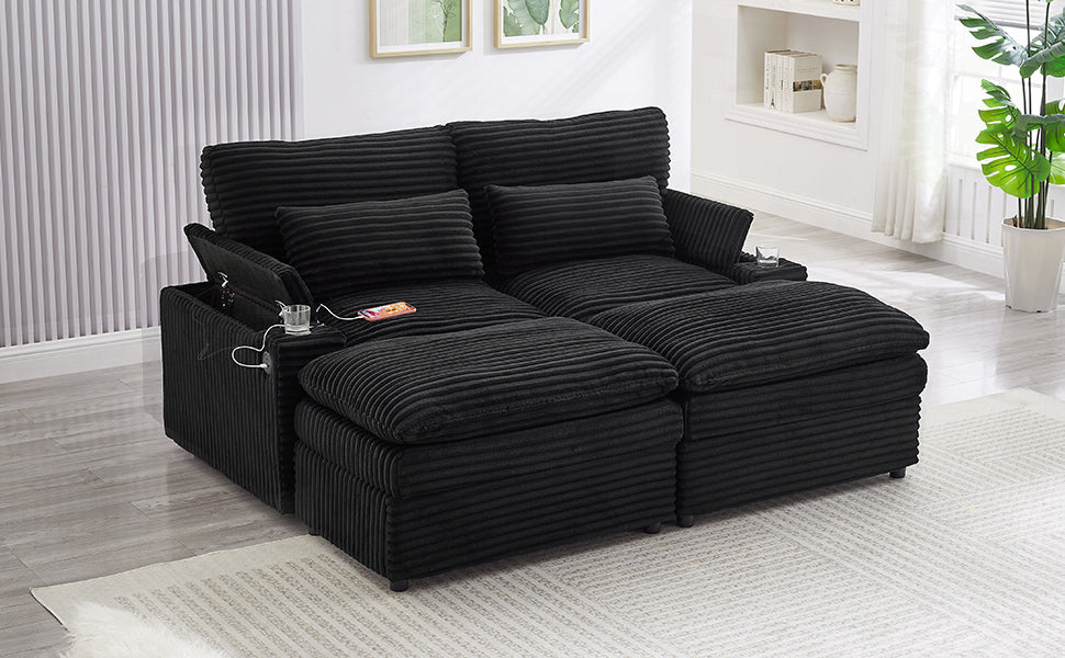 Loveseat Sofa 70.9" Free-combined Sectional Convertible Sofa Bed with Storage Space, Two Movable Ottomans, Four USB Ports and Two Cup Holders for Living Room, Black