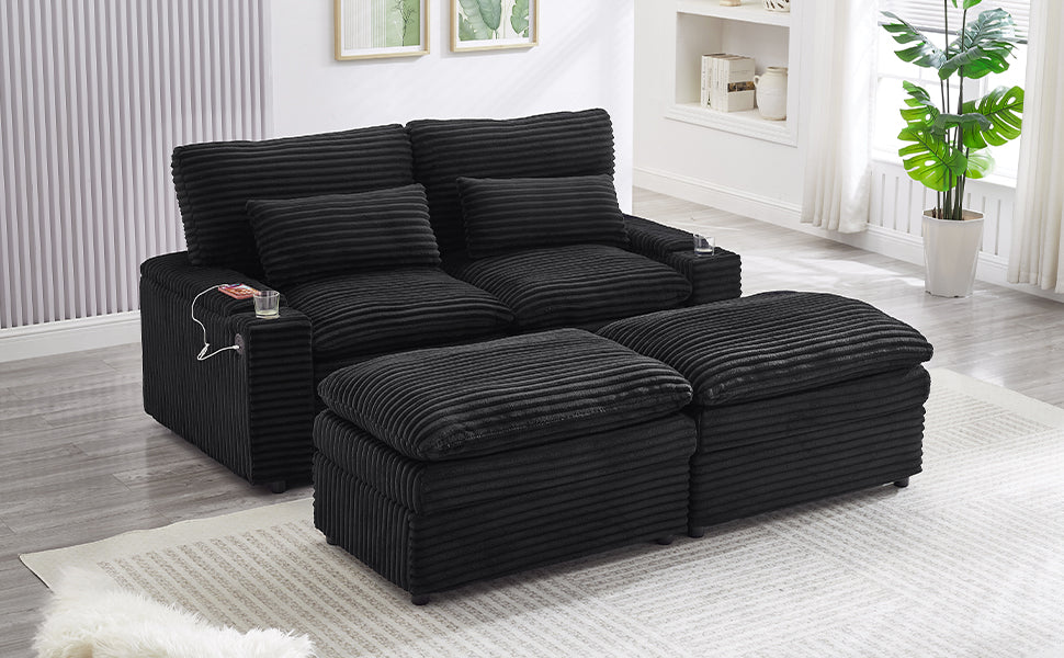 Loveseat Sofa 70.9" Free-combined Sectional Convertible Sofa Bed with Storage Space, Two Movable Ottomans, Four USB Ports and Two Cup Holders for Living Room, Black