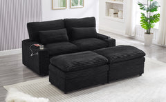 Loveseat Sofa 70.9" Free-combined Sectional Convertible Sofa Bed with Storage Space, Two Movable Ottomans, Four USB Ports and Two Cup Holders for Living Room, Black