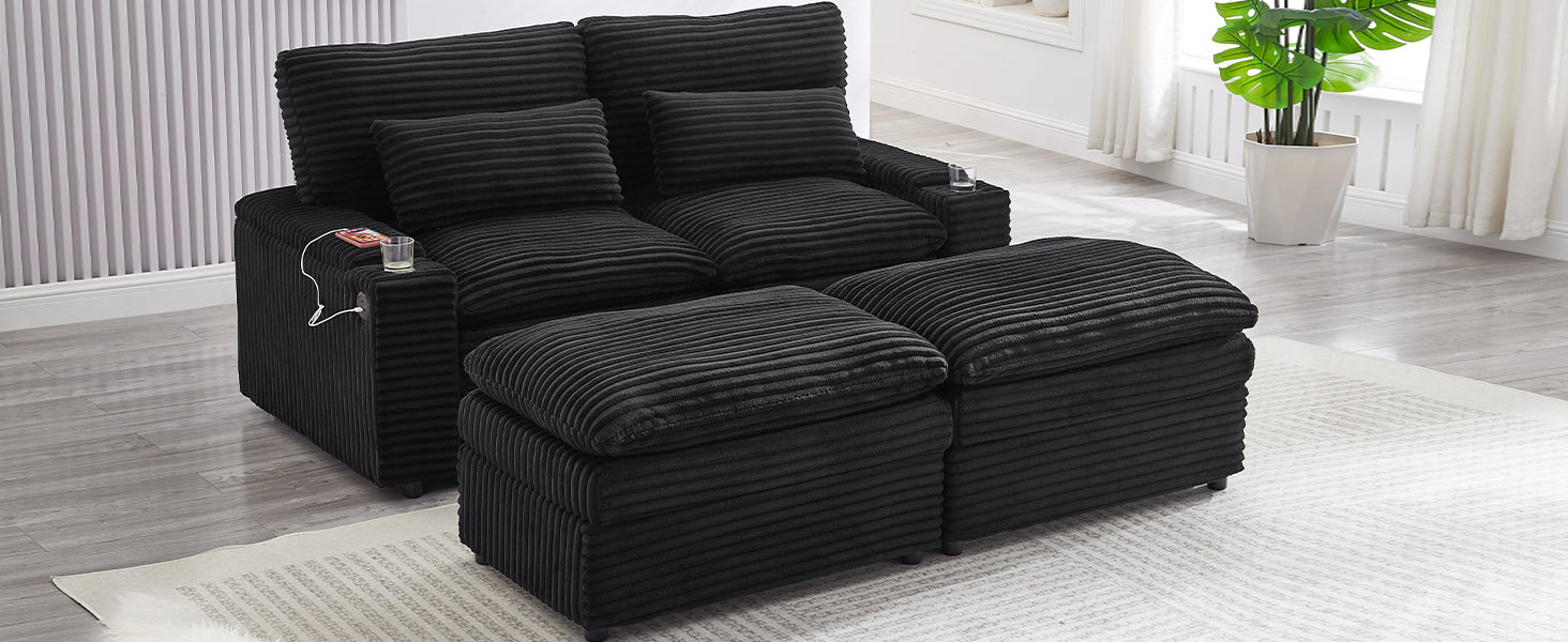 Loveseat Sofa 70.9" Free-combined Sectional Convertible Sofa Bed with Storage Space, Two Movable Ottomans, Four USB Ports and Two Cup Holders for Living Room, Black
