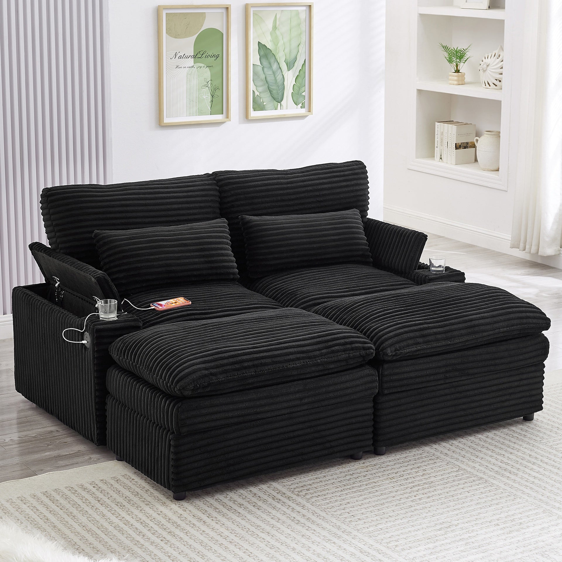 Loveseat Sofa 70.9" Free-combined Sectional Convertible Sofa Bed with Storage Space, Two Movable Ottomans, Four USB Ports and Two Cup Holders for Living Room, Black