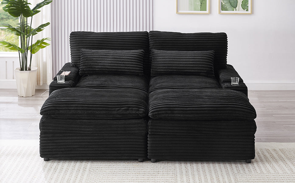Loveseat Sofa 70.9" Free-combined Sectional Convertible Sofa Bed with Storage Space, Two Movable Ottomans, Four USB Ports and Two Cup Holders for Living Room, Black