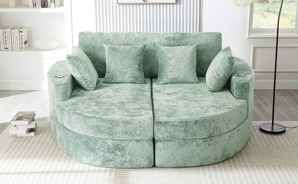 Full-Compressed Chaise Sofa 80" Curved Chaise Lounge Sofa Boneless Couch Upholstered Sofa Bed with Two Cup Holders for Living Room, Green