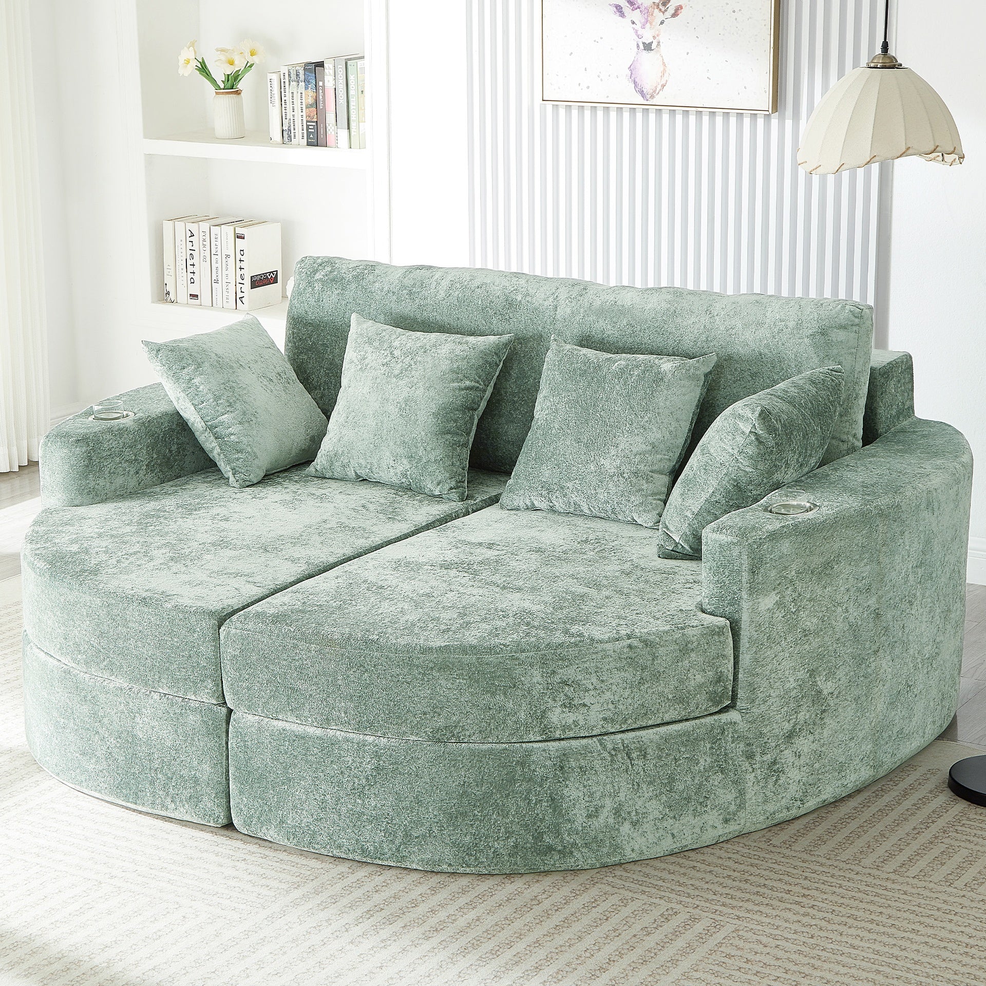 Full-Compressed Chaise Sofa 80" Curved Chaise Lounge Sofa Boneless Couch Upholstered Sofa Bed with Two Cup Holders for Living Room, Green