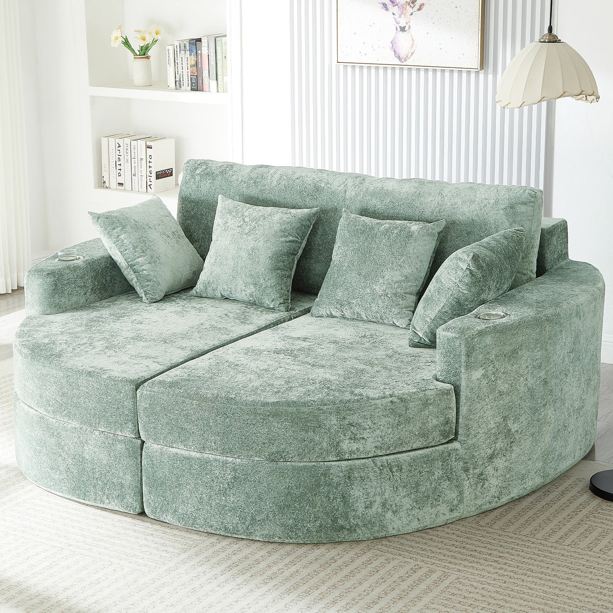 Full-Compressed Chaise Sofa 80" Curved Chaise Lounge Sofa Boneless Couch Upholstered Sofa Bed with Two Cup Holders for Living Room, Green