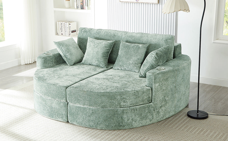Full-Compressed Chaise Sofa 80" Curved Chaise Lounge Sofa Boneless Couch Upholstered Sofa Bed with Two Cup Holders for Living Room, Green