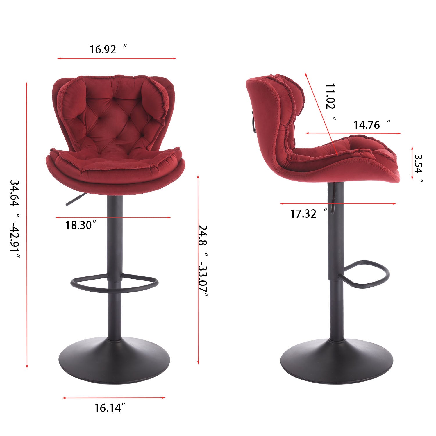 Set of 2 Bar Stools with powder Footrest and Base Swivel Height Adjustable Mechanical Lifting Velvet + powder Leg Simple Bar Stool-RED