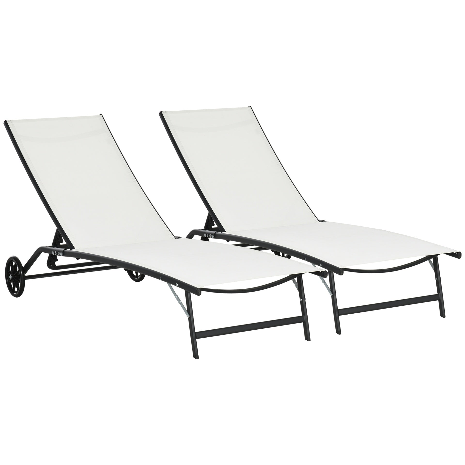 Outsunny Chaise Lounge Outdoor, 2 Piece Lounge Chair with Wheels, Tanning Chair with 5 Adjustable Positions for Patio, Beach, Yard, Pool, Cream White
