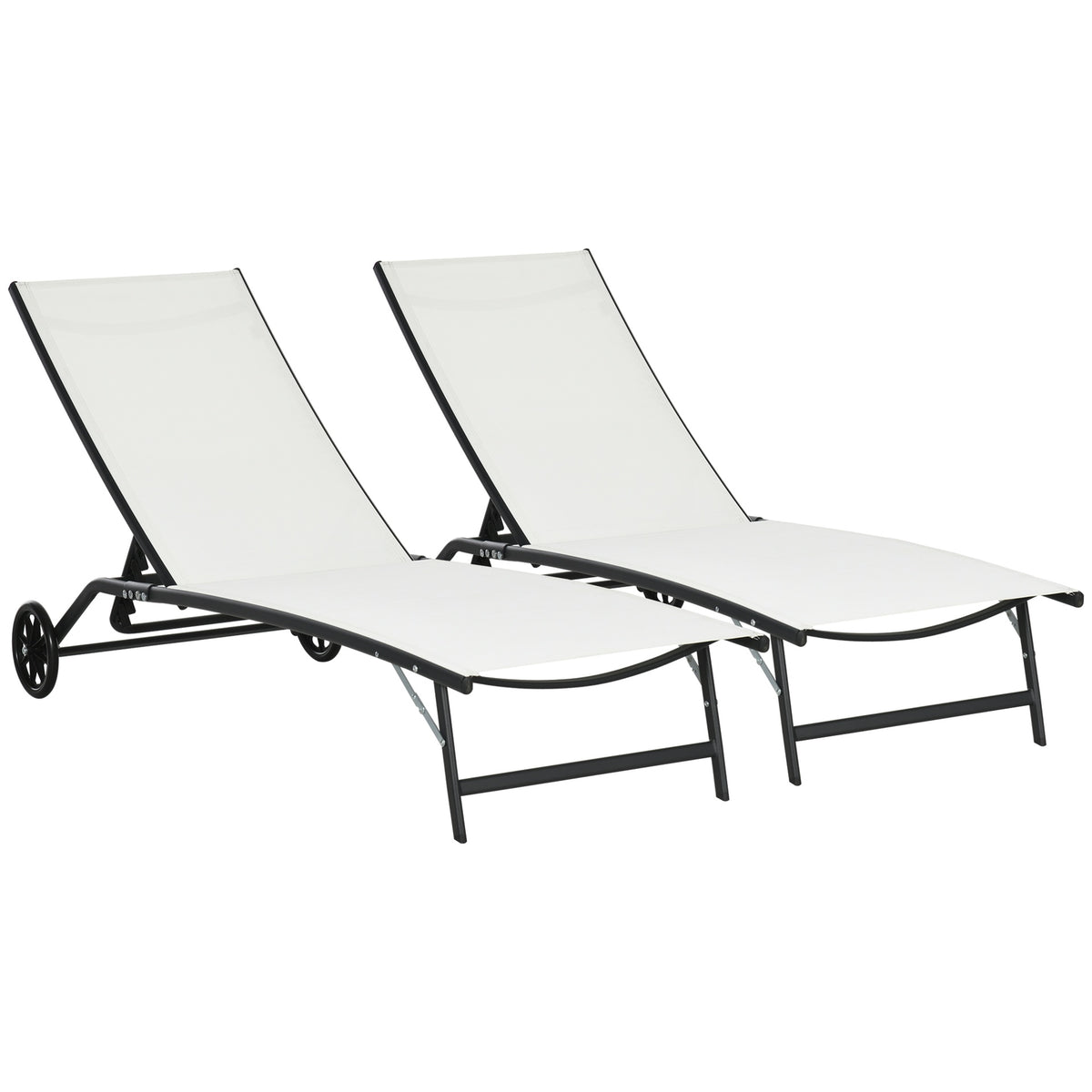 Outsunny Chaise Lounge Outdoor, 2 Piece Lounge Chair with Wheels, Tanning Chair with 5 Adjustable Positions for Patio, Beach, Yard, Pool, Cream White
