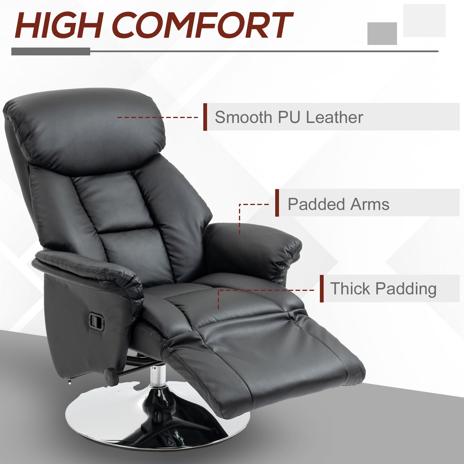 HOMCOM Manual Recliner Chair for Adults, Adjustable Swivel Recliner with Footrest, Padded Arms, PU Leather Upholstery and Steel Base for Living Room, Black