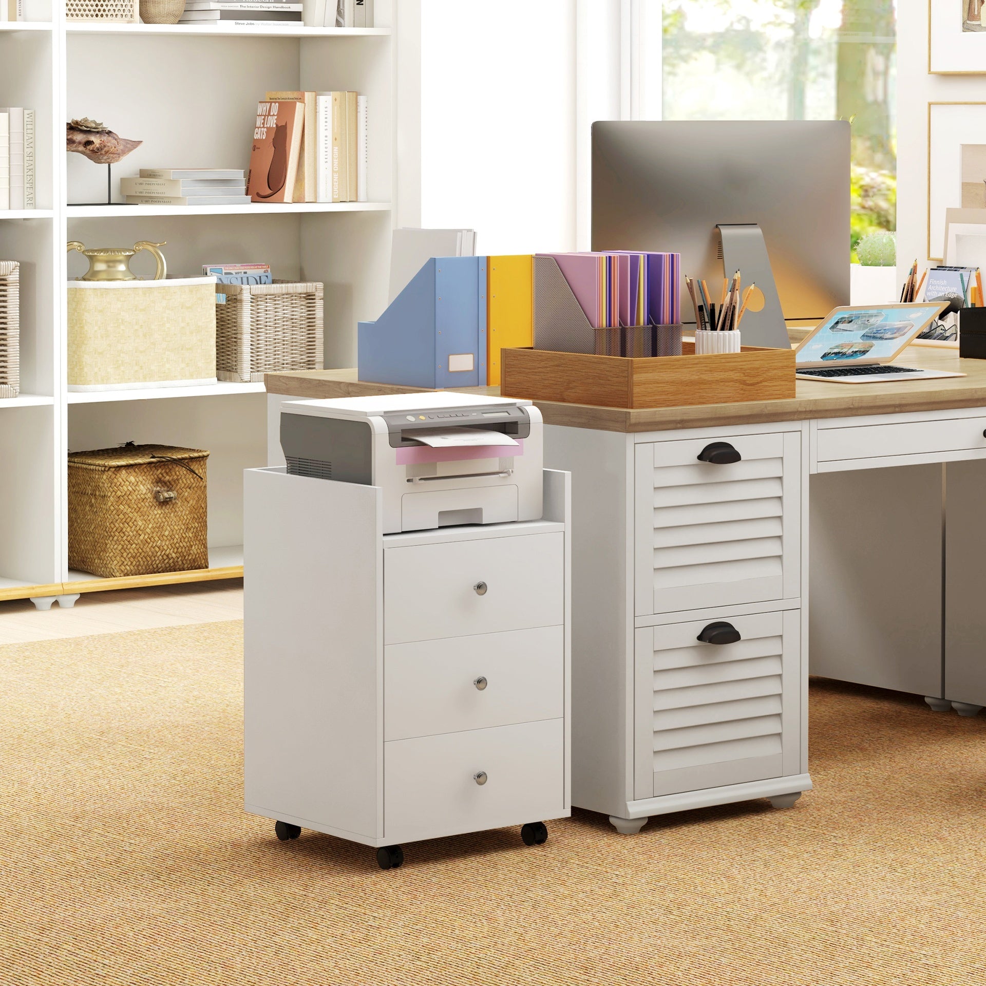 HOMCOM 3 Drawer Home Office Storage Cabinet, Office Drawer on Wheels with Removable Tray, Under Desk Printer Stand with Storage, White