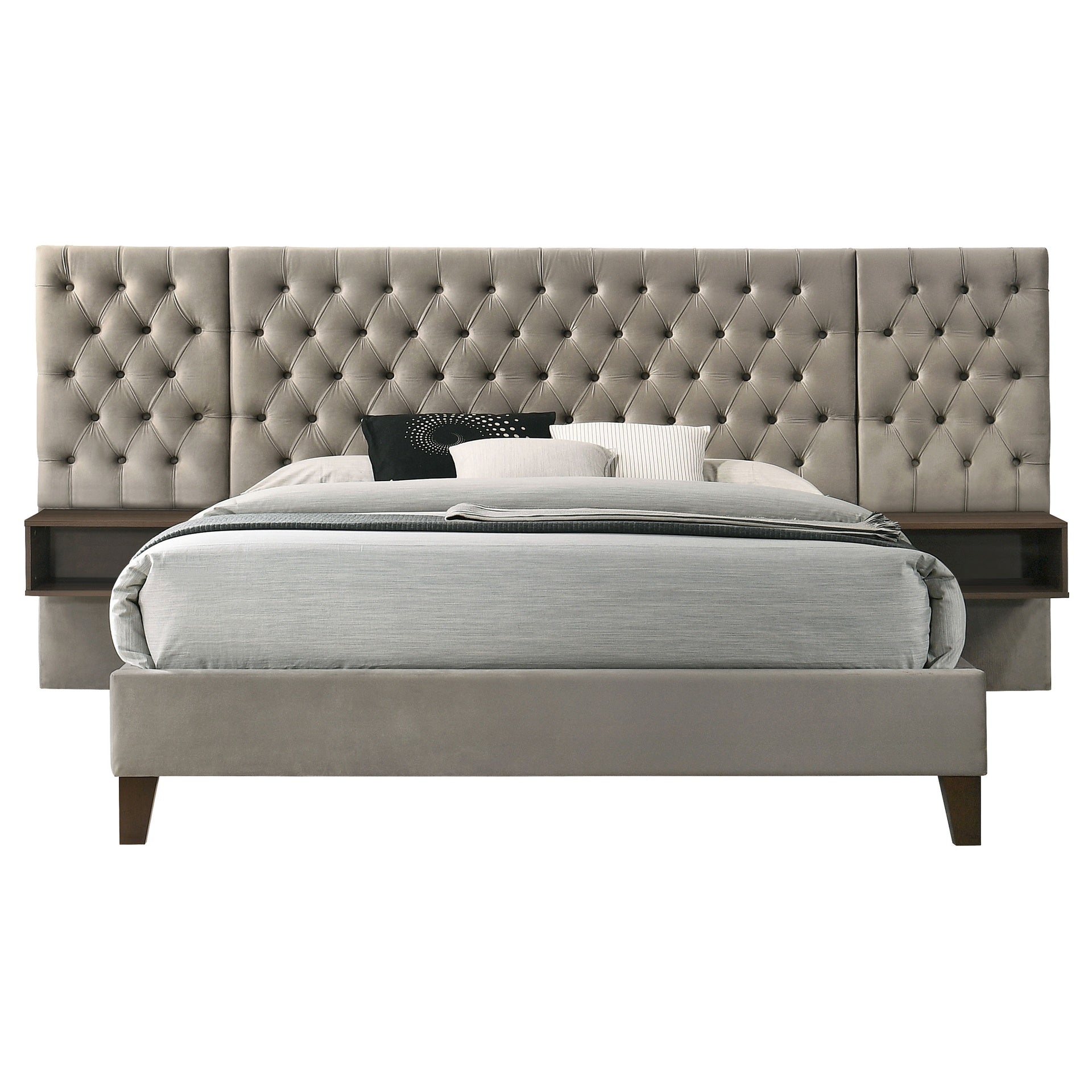 Kiah Light Brown Upholstered Queen Wall Panel Bed