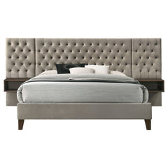 Kiah Light Brown Upholstered Queen Wall Panel Bed