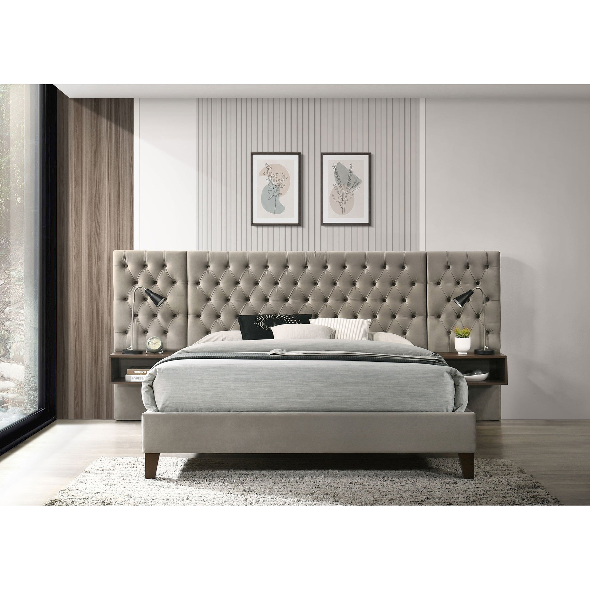Kiah Light Brown Upholstered Queen Wall Panel Bed