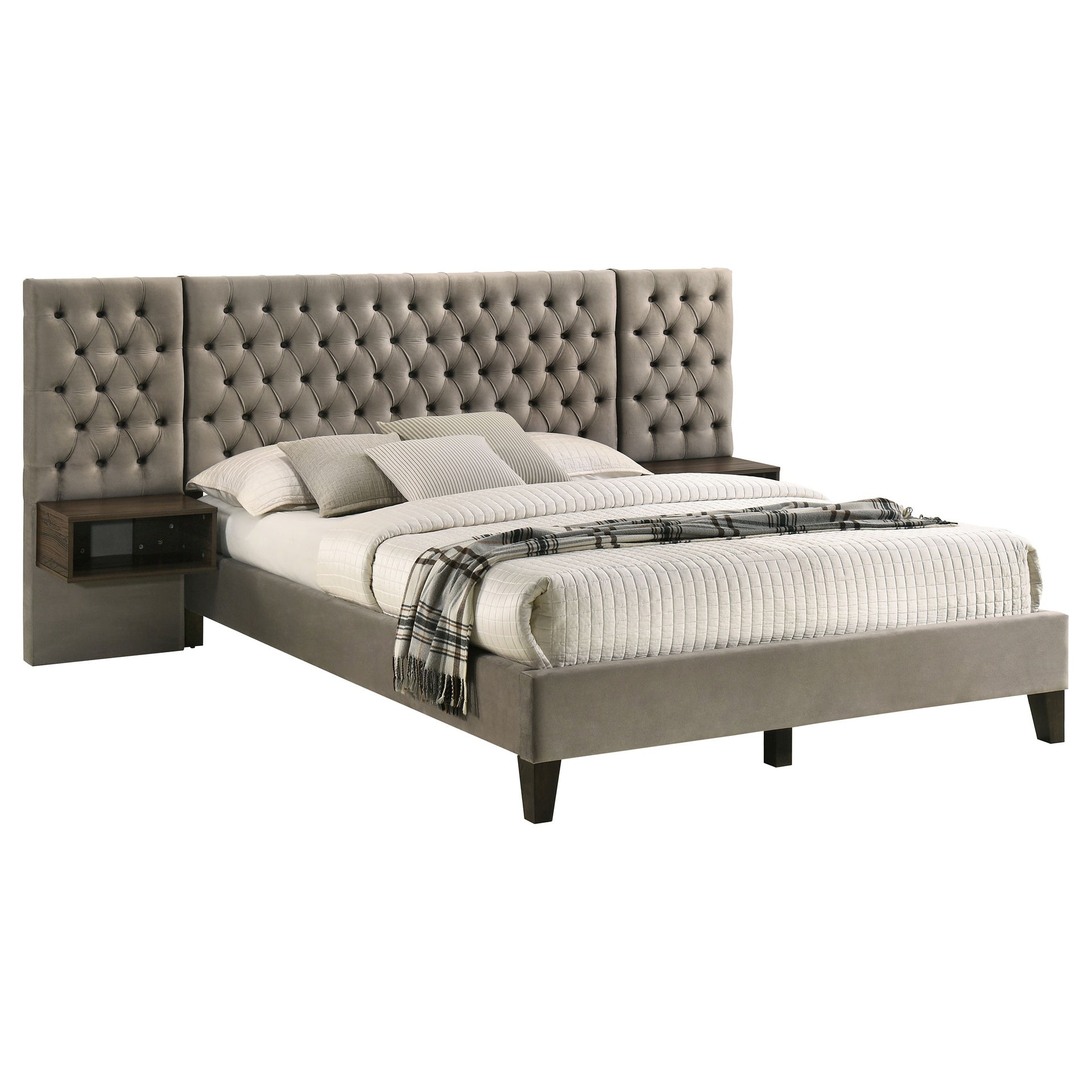 Kiah Light Brown Upholstered Queen Wall Panel Bed