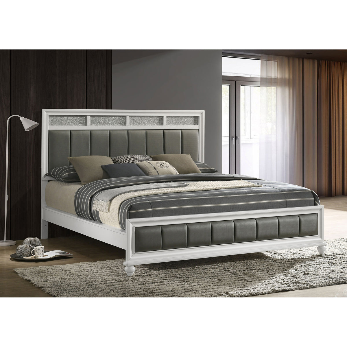 Talia White and Grey Upholstered California King Panel Bed
