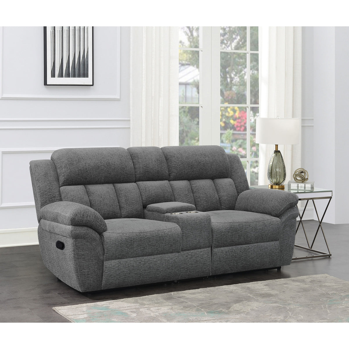 Divine Charcoal Upholstered Motion Loveseat
